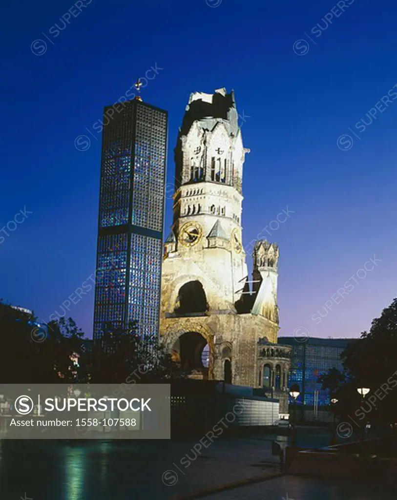 Germany, Berlin, elector-dam, emperor-Wilhelm-memorial church, night city, capital, city, city, center, Breitscheidplatz, church, buildings, construct...