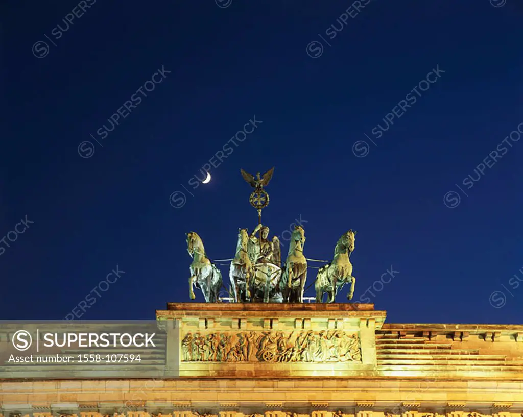 Germany, Berlin, Brandenburg gate, detail, Quadriga, night city capital city landmarks sight, construction, gate, illuminates, foursome, Siegesgöttin ...