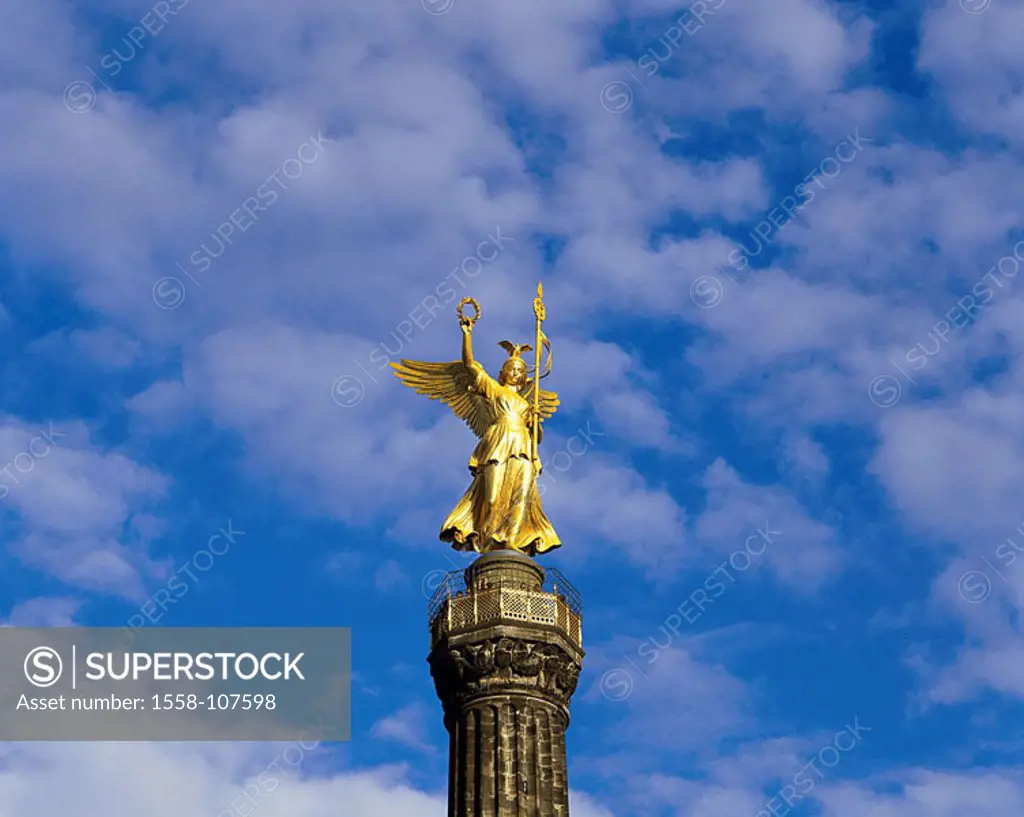 Germany, Berlin-zoo, Siegessäule, 1873, detail, Siegesgöttin Victoria Berlin, city, capital, big star, column, monument, figure, angels, goddess, gold...