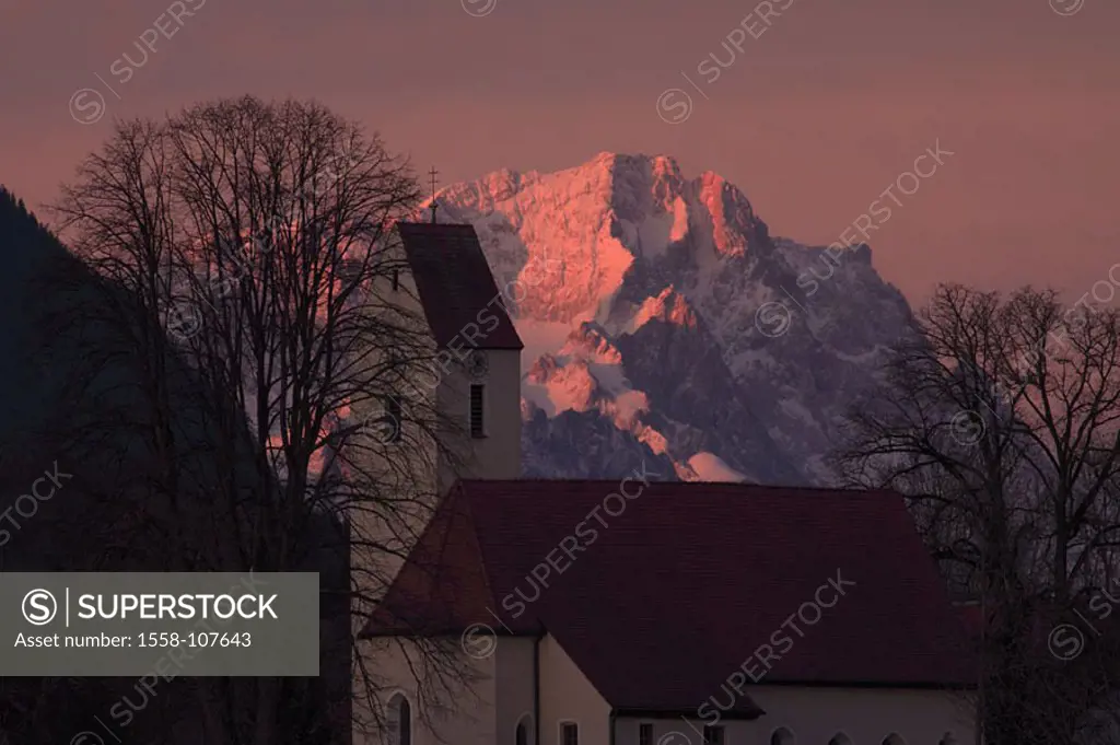 Germany, waiter-Bavaria, cell, church, detail, Zugspitzmassiv, morning-red, Bavaria, village, place, parish-church, steeple, mountains, weather-stone-...