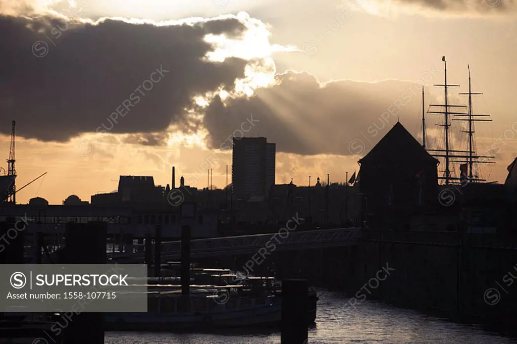 Germany, Hamburg, silhouette, harbor, thunderstorm-mood, Northern Germany, Hanseatic town, port, dock, harbor-buildings, buildings, cloud-heavens, clo...