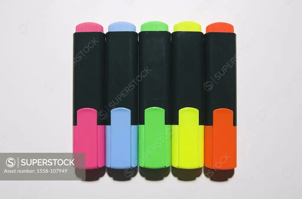 Light-pens, differently-colorfully, from above, series, stationery, Textmarker, pens, special-pens, color-pens, Marker, colorfully, colored, pink, lig...