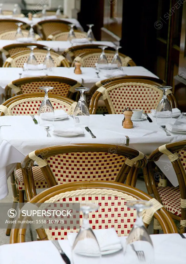 Restaurant-terrace, tables, covered, detail, human-empty, knows restaurant pub Bestuhlung dishes tablecloths, place setting, terrace, symbol gastronom...