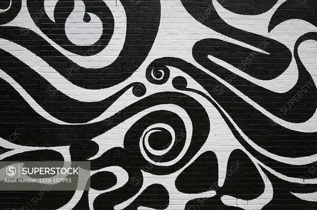Brick-wall, graffiti, patterns, ornaments, black-and-white, wall, brick-wall, paints, sprays, lines, pop-type, spray-art, art, painting, wall-picture,...