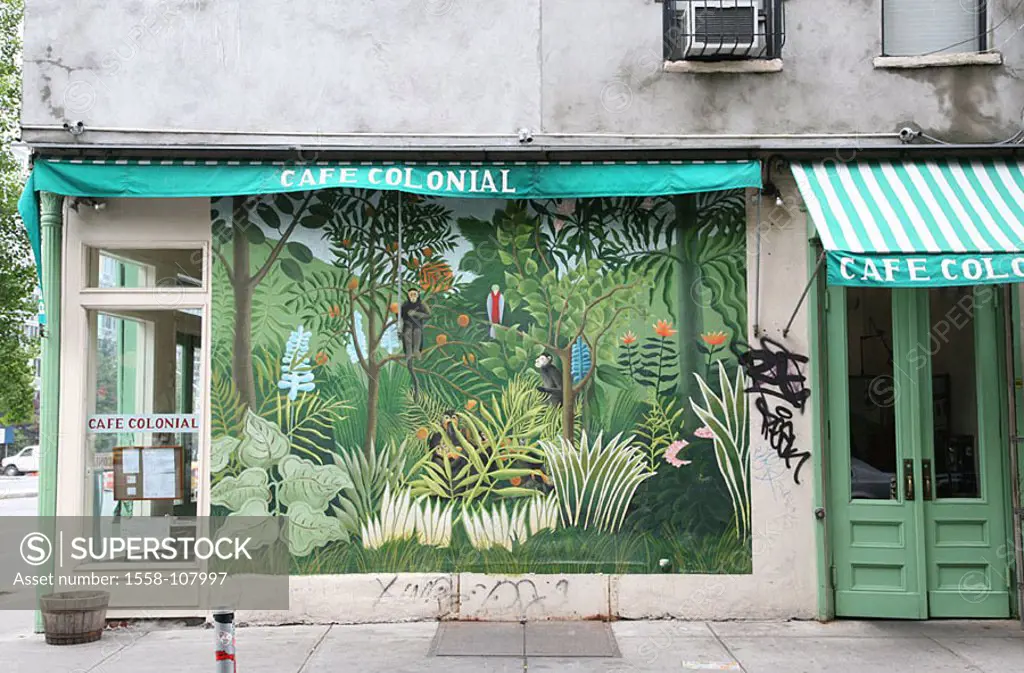 USA, New York city buildings facade detail, jungle-motive, paints North America, house construction business wall painting, picture, paintings, jungle...