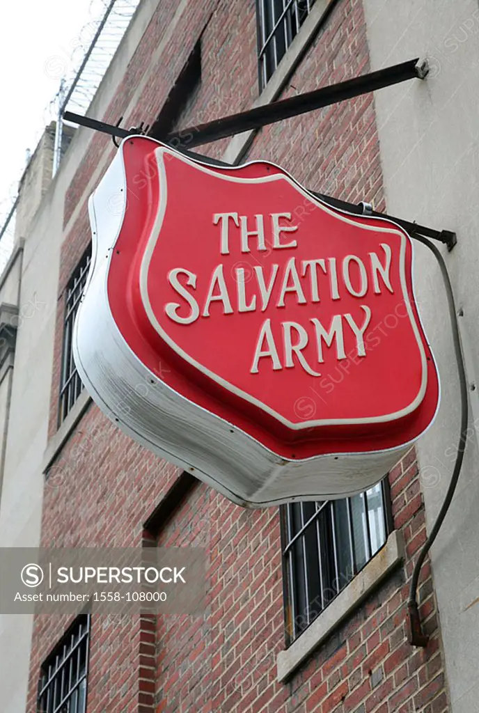 USA, New York city house-facade light-sign ´The Salvation Army´ North America brick-buildings, buildings, house, sign, hint, attention, information, s...