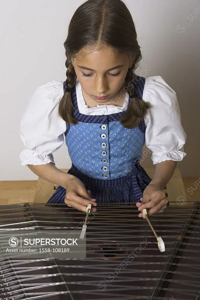Girls, chopping board, semi-portrait, play series, people child-portrait child 8-10 years brunette, long-haired, braids, nicely, Dirndl, Bavarian, con...
