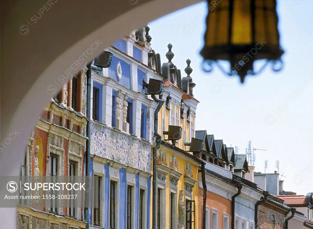 Poland, small-Poland, Zamosc, old part of town, market place, house-facades, detail, East-Poland, row of houses, houses, citizen-houses, residences, f...