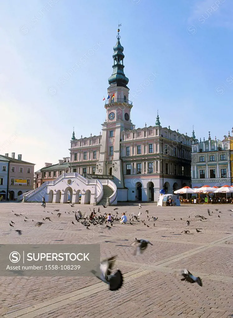 Poland, small-Poland, Zamosc, old part of town, town hall, town hall-place, deaf persons, children, East-Poland, residences, houses, citizen-houses, t...