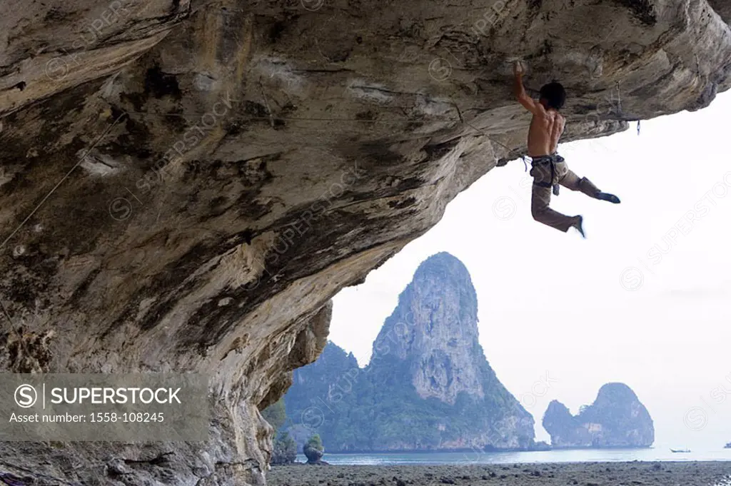 Thailand, Krabi Province, Railay Beach, rock-overhang, climbers, series, Asia, southeast-Asia, coast, coast-landscape, beach, sea, rocks, rock-formati...