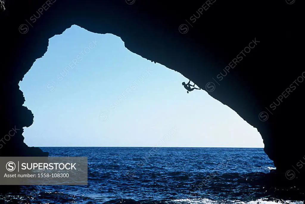 Chris Sharma, pro-climbers, personality-rights, Spain, heed Majorca sea silhouette Balearen, Mediterranean, climbers, series, island rock-bow coast, r...