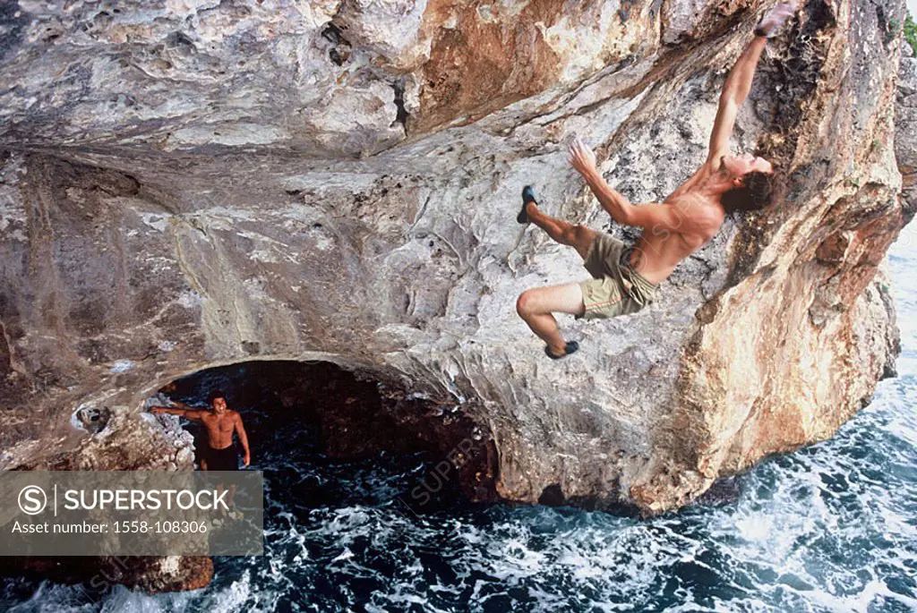 Matthias Woitzuck, pro-climbers, personality-rights, Spain, heed Majorca rock-coast climbers series, Balearen, island sea Mediterranean, surf, waves, ...