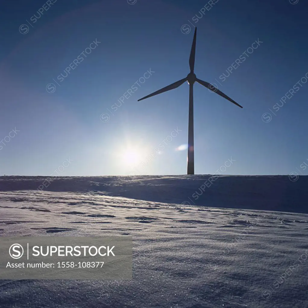 Winter-landscape, wind-wheel, sunset, back light, snow-surface, wind-strength-installation, wind-turbine, turbine, wind-power plant, energy, energy-pr...