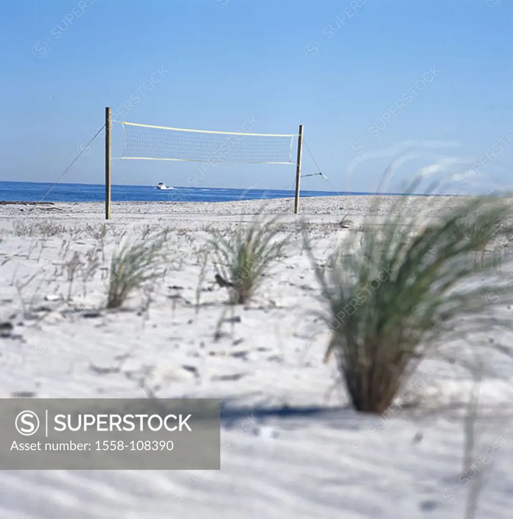 Sandy beach, volleyball-net, human-empty, sea-gaze, motorboat, beach, beach, Beachvolleyballnetz, ball-net, symbol, Beachvolleyball, leisure time, spo...