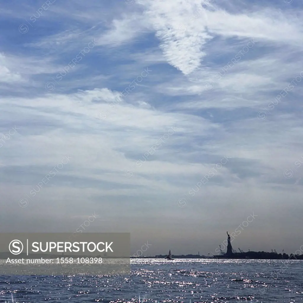 USA, New York city Liberty Iceland silhouette statue of liberty back light, North America, city, city, metropolis, harbor, drawer-cranes, statue, land...