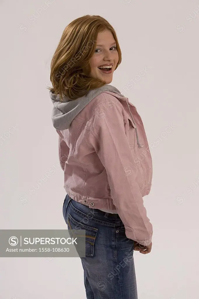 Girls, red-hairy, smile, gaze camera detail series people 10-15 years, 13 years, teenagers, teenager-girls, long-haired, jeans, jeans-jacket pink, sho...