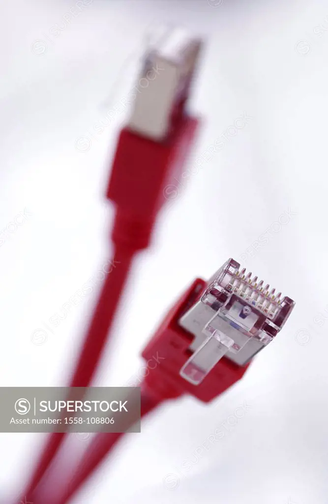 Modular-plugs, cables, red, detail, Patchkabel, network-cables, main leads, plugs, DSL-Stecker, western-plugs, Patchkabelstecker, telecommunication, t...