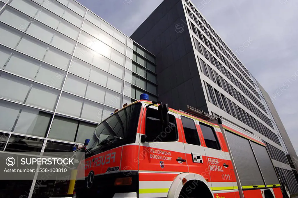 Germany, Düsseldorf, office-high-rise, facade, detail, street, fire engine, office buildings, high-rise, business-house, symbol, security-practice, fi...