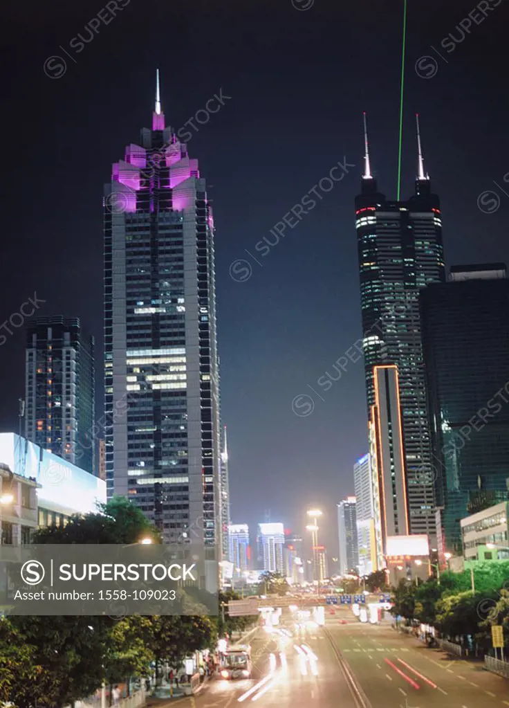 China, province Guangdong, Shenzhen, Shennan Road, World Financial Center Building, De Wang Building, night, Asia, people´s republic, South-China, spe...