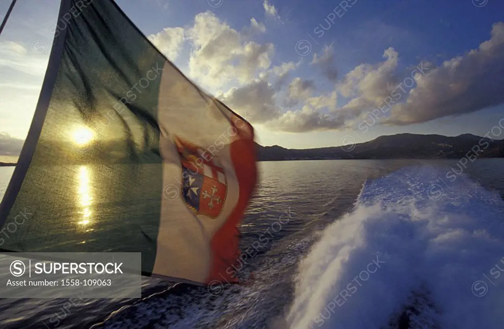 Liparische islands blow Italy, motorboat, detail, national-flags, background, sunset Europe flag flag ensign, national-colors, coats of arms, sea, wav...