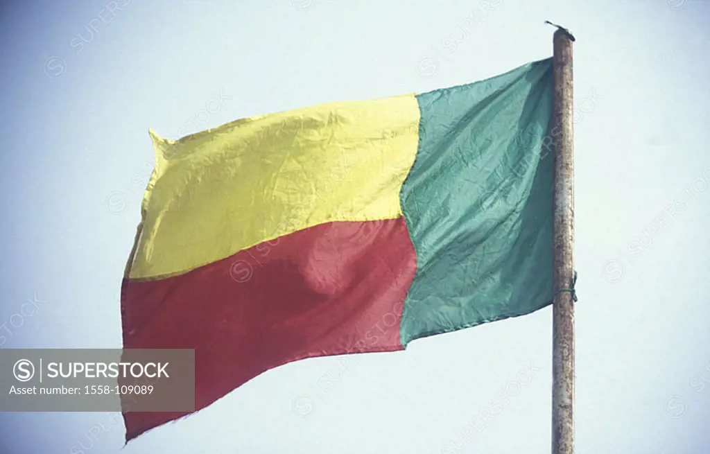 Flagpole, national-flags, Benin, Africa, black-Africa, flag, flagpole, flag, ensign, rational-colors, yellow, red, green, wind, breezy, blows, outside...
