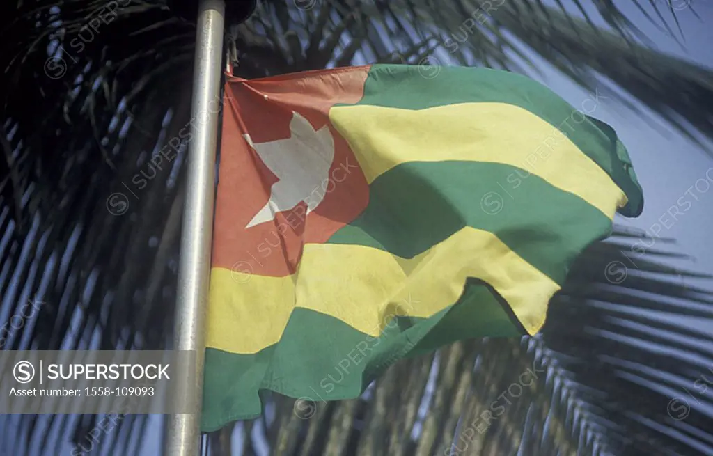 Flagpole, national-flags, Togo, Africa, black-Africa, flag, flagpole, flag, ensign, national-colors, yellow, red, green, star, wind, breezy, blows, ou...
