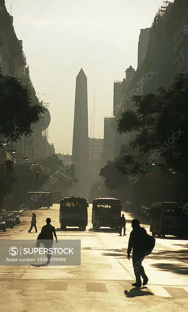 Argentina, Buenos Aires, Avenida 9 de Julio, obelisk, silhouette, cars, passers-by, Latin America, South America, city, capital, center, city center, ...