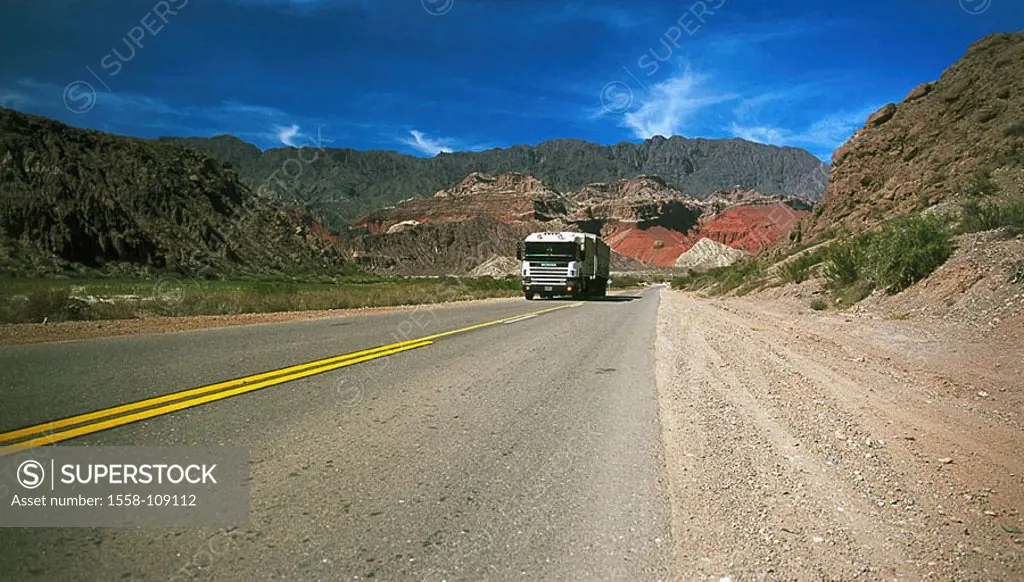 Argentina, Cafayate, Andes, rock-mountains, street, truck, Latin America, South America, landscape, mountains, mountains, highland-shaft, mountain-lan...