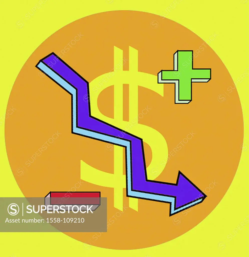 Illustration, dollar-signs, balance-curve, falls, plus-signs, deficit-signs, series, shares, share prices, course-development, course, Chart, Aktiench...