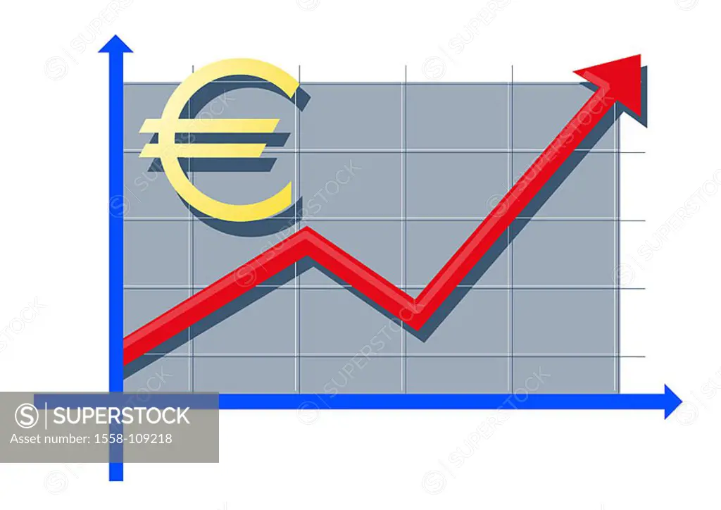 Illustration, Euro-signs, balance-curve, red, series, climbs shares, share prices course-development course Chart Aktienchart, stock exchange, stock m...