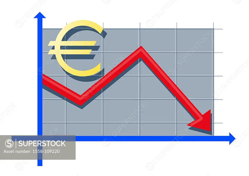 Felling illustration, Euro-signs, balance-curve, red, series, shares, share prices course-development course Chart Aktienchart, stock exchange, stock ...