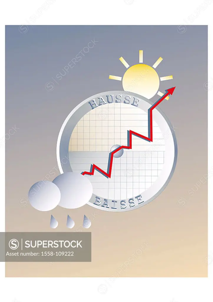 Illustration, stock exchange-barometers, disk, boom, slump, balance-curve, rain-clouds, climbs sun, series shares share prices course-development cour...