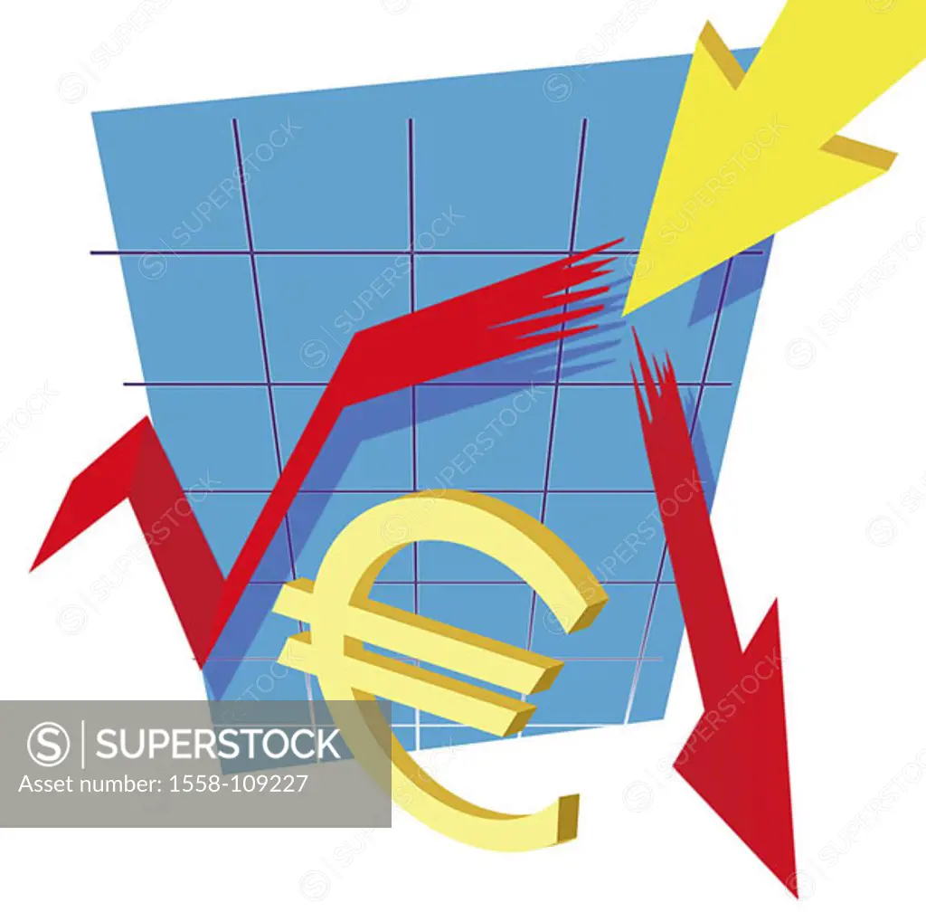 Illustration, Euro-signs, balance-curve, red, arrow, symbol, Börsencrash, series, shares, share prices, course-development, course, Chart, Aktienchart...