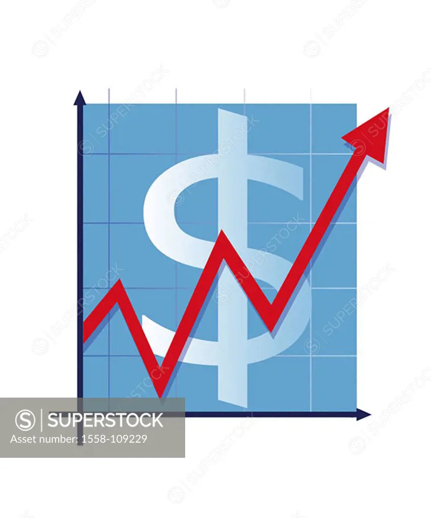 Illustration, dollar-signs, balance-curve, red, series, climbs shares, share prices course-development course Chart Aktienchart, stock exchange, stock...