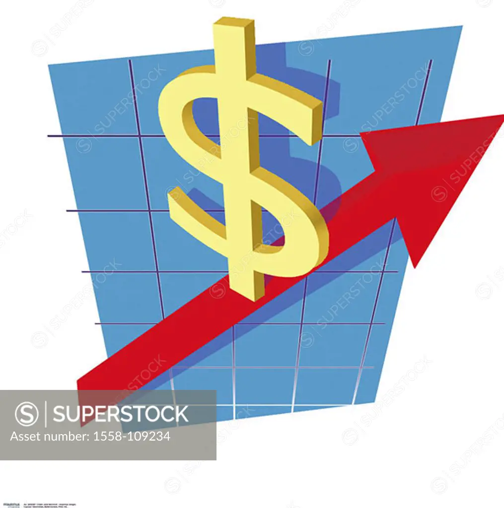 Illustration, dollar-signs, arrow, red, series, climbs shares, share prices course-development course Chart Aktienchart, stock exchange, stock market ...