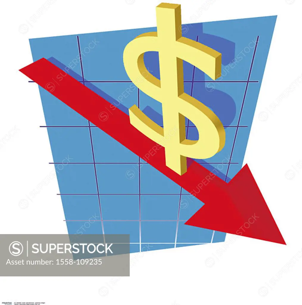 Felling illustration, dollar-signs, arrow, red, series, shares, share prices course-development course Chart Aktienchart, stock exchange, stock market...