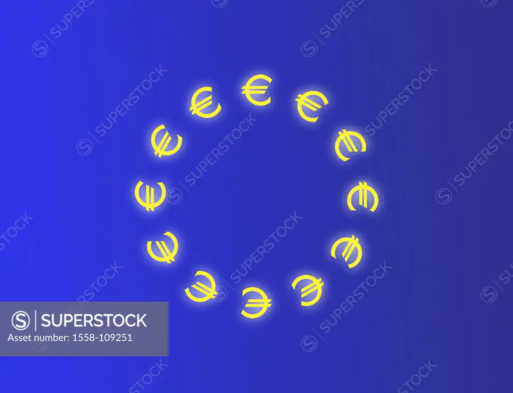 Computer-graphics, monetary-signs, Euro, yellow, Europe, currency, Euro-signs, monetary-symbols, symbol, economy, finances, finance-market, money, for...