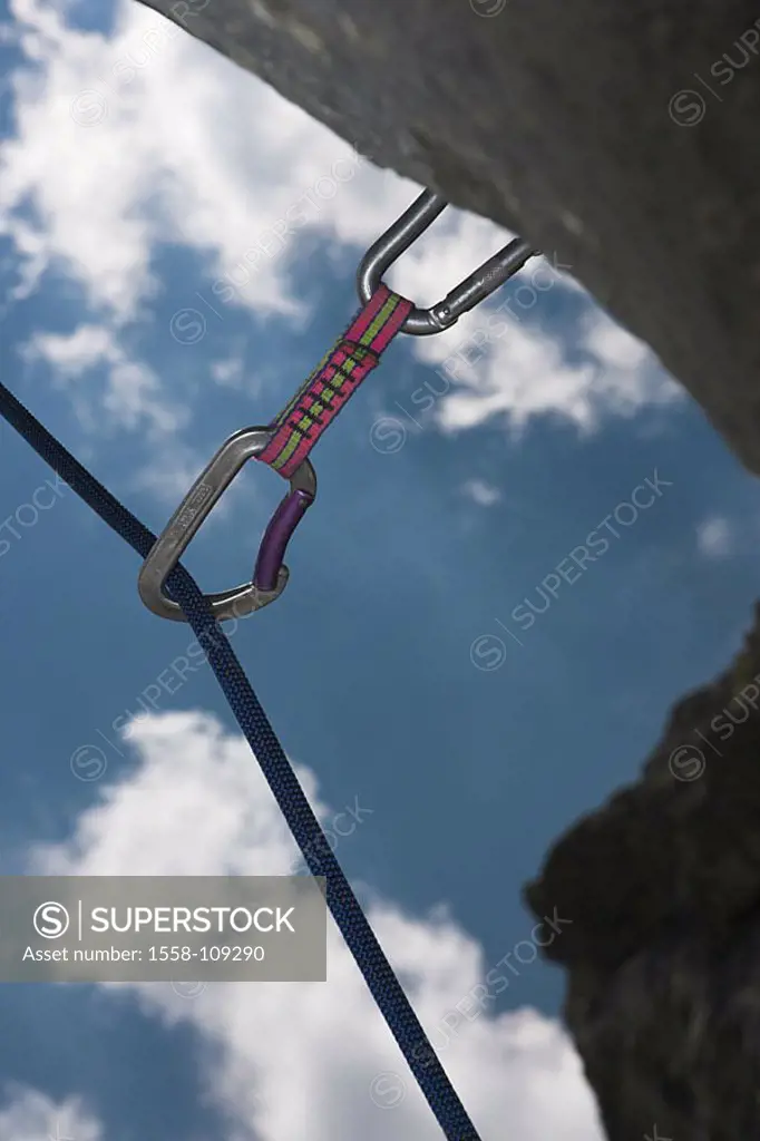 Mountaineering, ledge, inter-protection, express-loop, rope, from below, series, rocks, rock-wall, sport, mountain-sport, extreme-sport, Klettersport,...