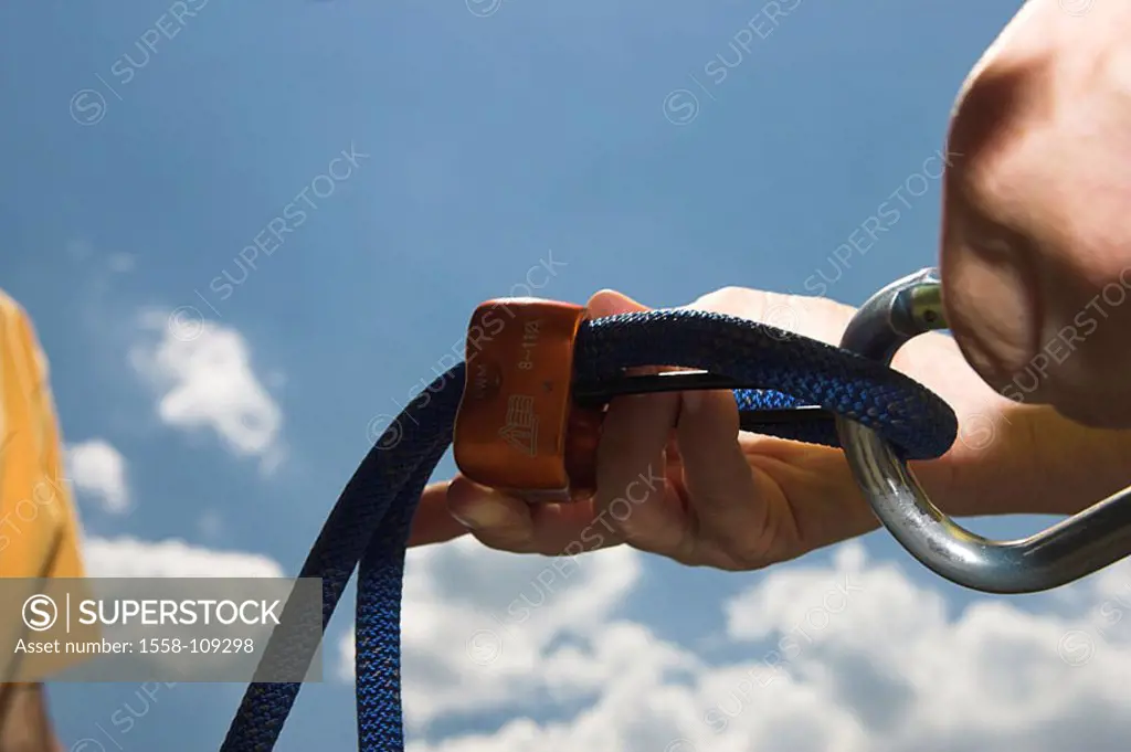 Climbers, hands, detail, ATC, tube, companion-protection, rope, series, sport, Klettersport, mountain-sport, extreme-sport, accessories, equipment, Kl...