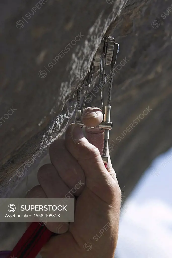 Mountaineering, man, detail, hand, rocks, Klemmgerät, inter-protection, clings, series, people, sport, sport, Klettersport, mountain-sport, extreme-sp...