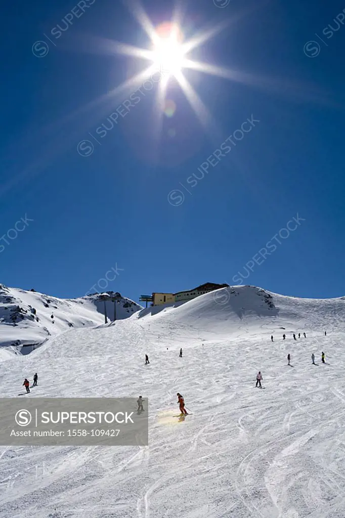 Austria, Tyrol, Zillertal, Hochfügen, track, skiers, sun, back light, series, Europe, ski-area, winter-sport-area, season, winters, snow, ski-business...