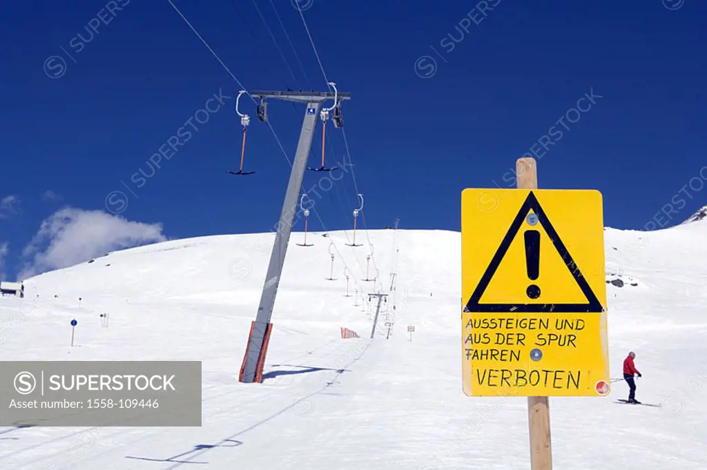Austria, Tyrol, Zillertal, finch-mountain, ski-track, T-bar lift, warning-sign, skiers, series, Europe, Zillertaler Alps, ski-area, winter-sport-area,...