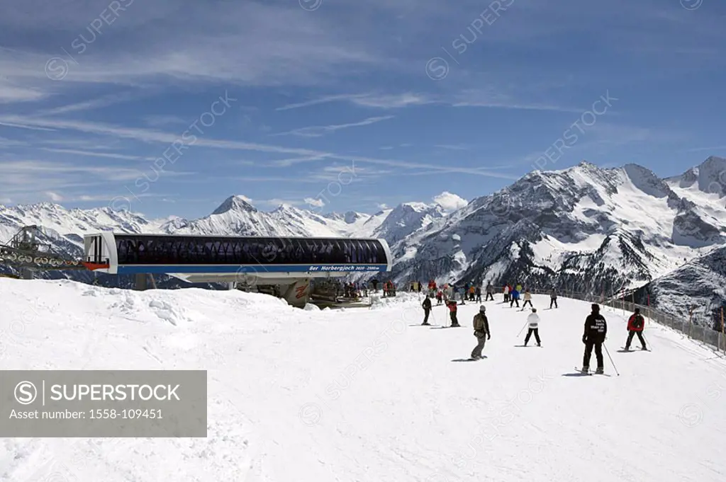 Austria, Tyrol, Zillertal, finch-mountain, elevator-station, ski-track, skiers, series, Europe, Zillertaler Alps, ski-area, winter-sport-area, season,...