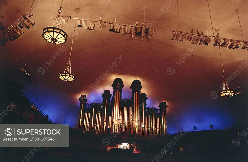 USA, Utah, Salt brine city, Mormon-temples, detail, organ, illumination, North America, temples, Mormons, church organ, sight, symbol, church-music, m...
