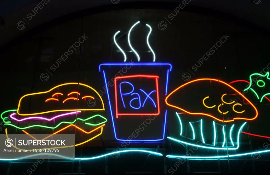 Neon sign, almost-food, neon-advertisement, advertisement-sign, advertisement, colorfully, foods, beverage, food, Burger, hint, sign, symbol, stroke, ...