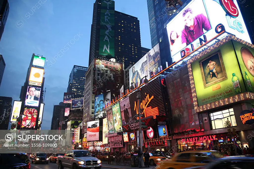 USA, New York city Manhattan Times Square buildings neon-advertisement, street-scene, evening, North America, America, city, city, district, sight, ne...