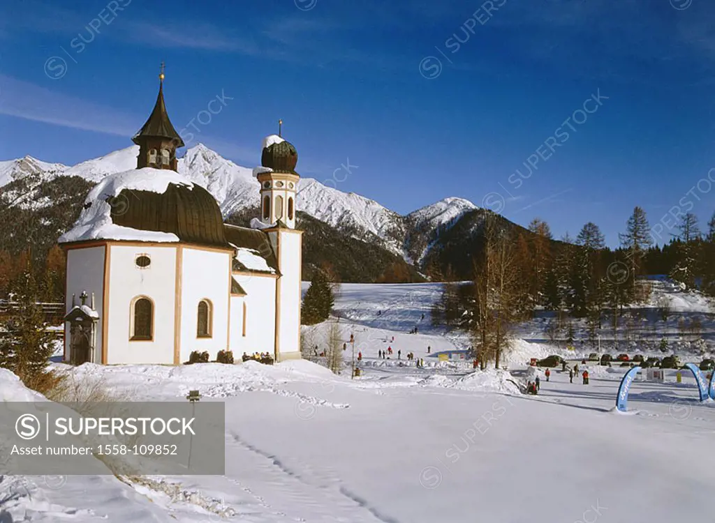 Austria, Tyrol, sea-field, Seekirchl, Reither top, winters, Alps, sea-fields yoke ski-district ´Rosshütte´ winter-sport-area church chapel, sea-church...