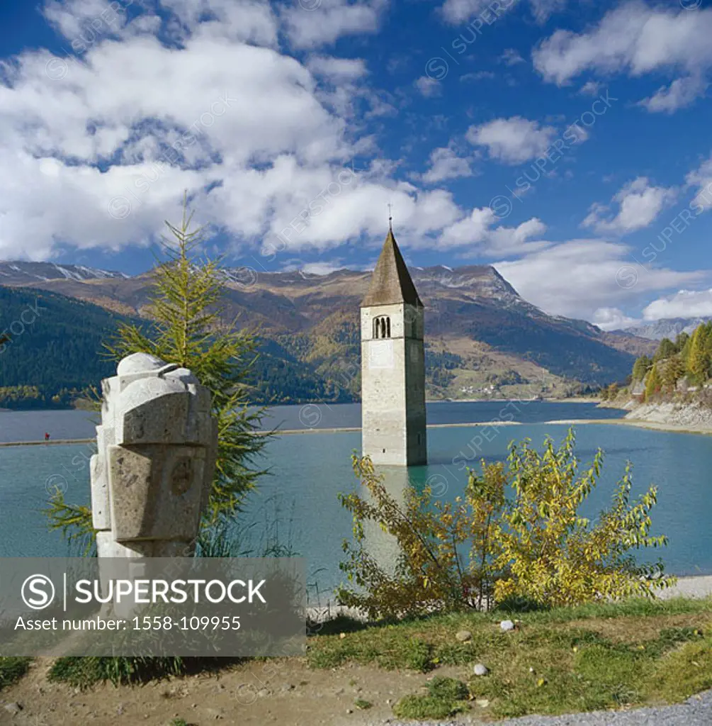Italy, South-Tyrol, Vintschgau, Reschensee, formerly village gray, flooded, steeple, protrudes, mountains, summers, Europe, waters artificially, reser...