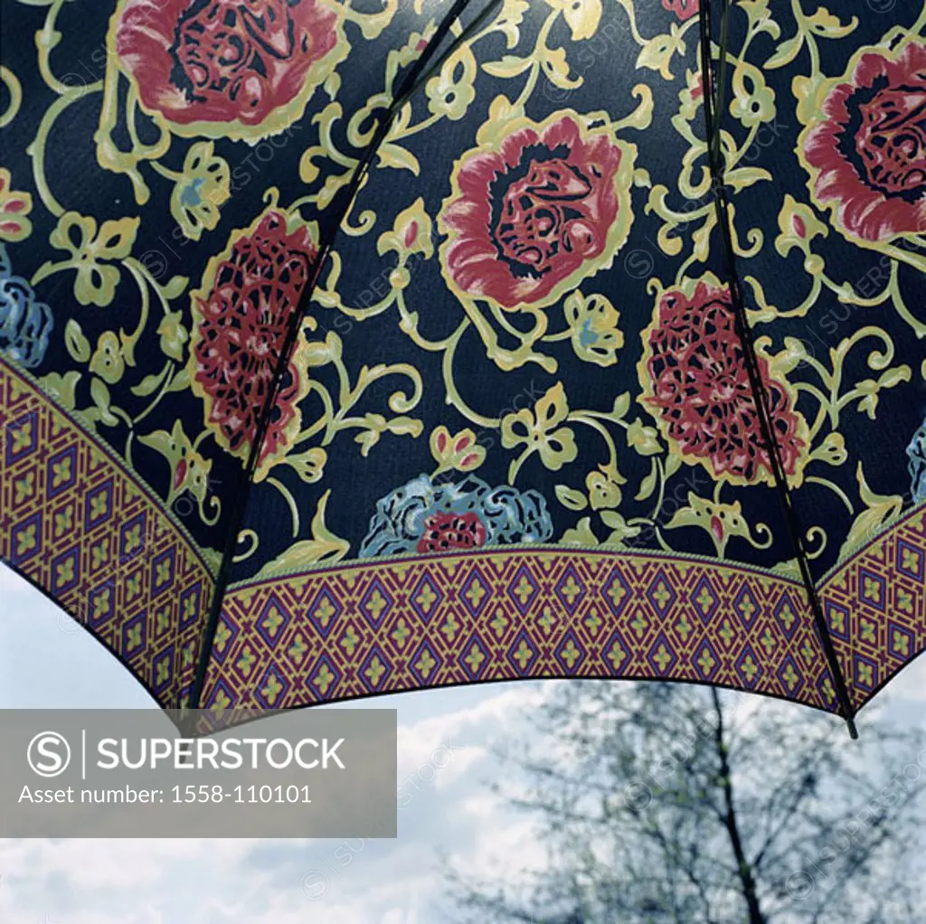 Umbrella, flower-patterns, detail, from below, outside, umbrella, protection, rain-protection, quests, material, patterns, flowers, roses, floral, orn...