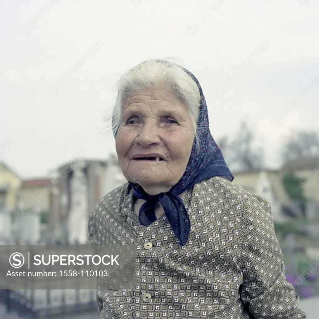 Romania, Ciacovar, senior, blindly, kerchief, portrait, Eastern Europe, Balkans, people, Romanian, women-portrait, seniors, woman, 70-80 years, white-...